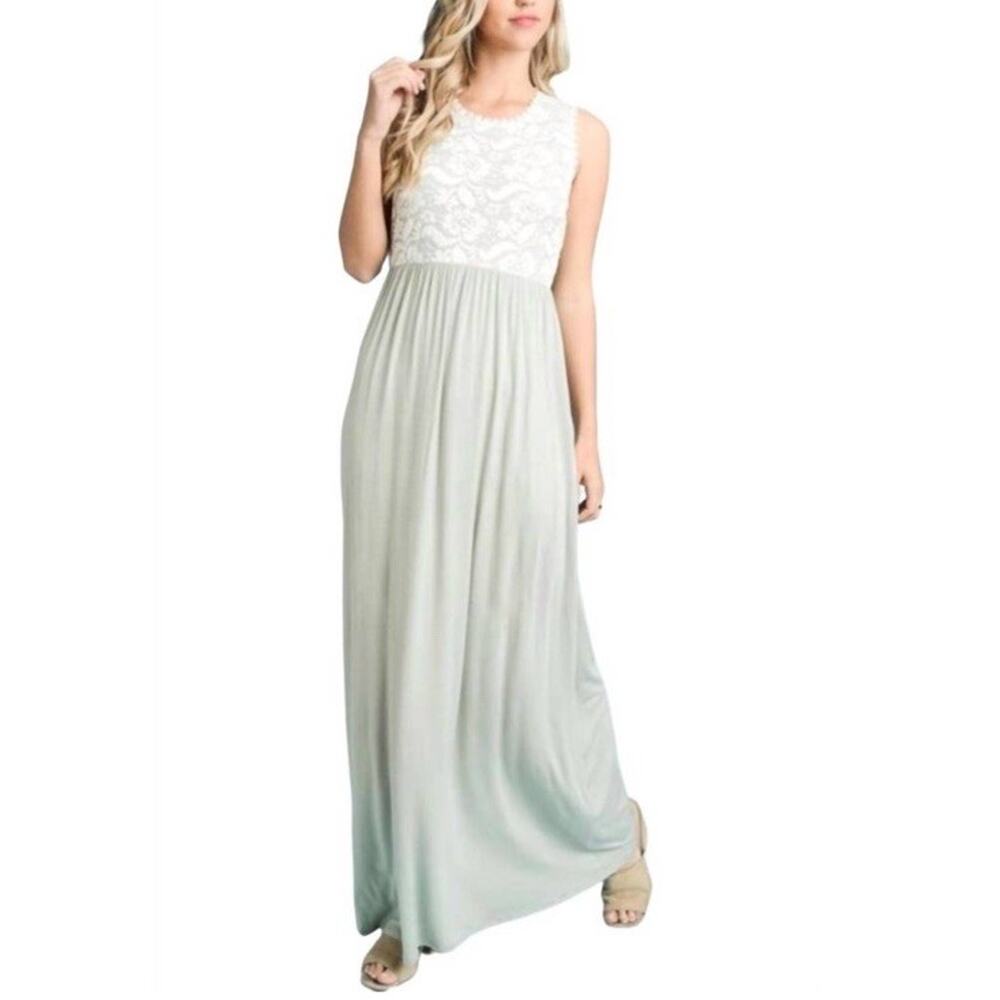 Vanilla Bay Sage Lace Maxi Dress M Boho Sleeveless Empire Waist Cottagecore NWT - Picture 9 of 9